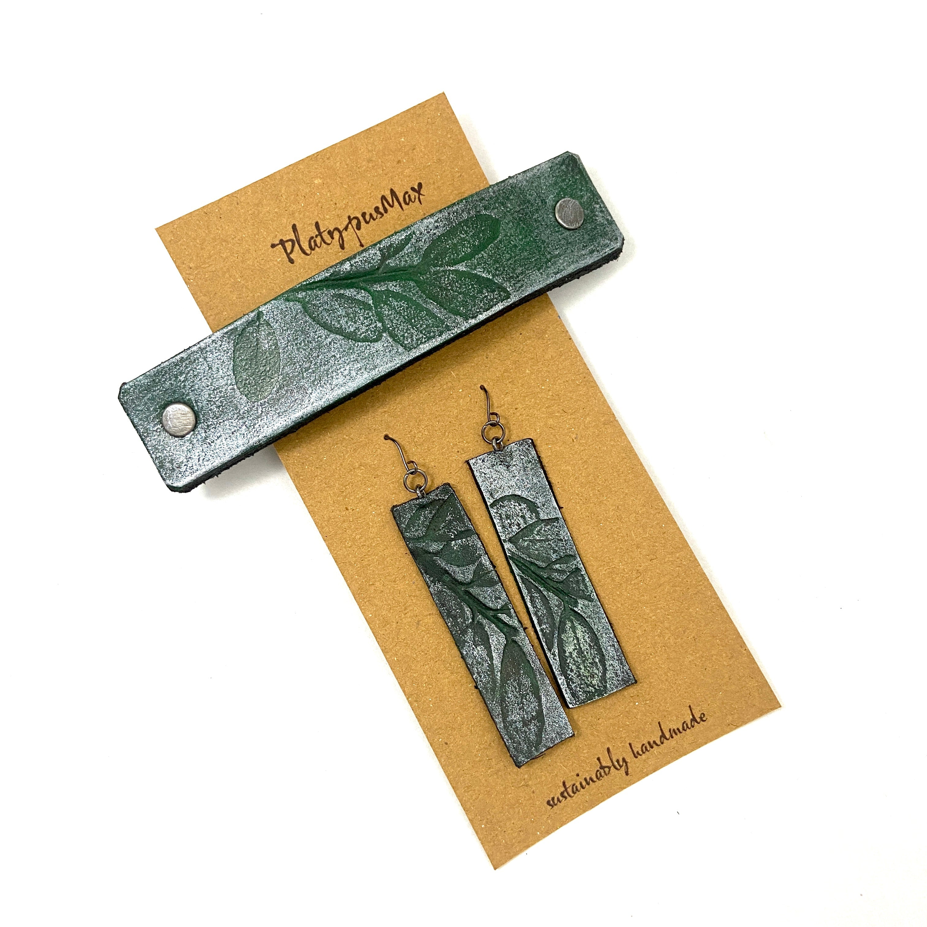 Green & Silver Embossed Leaves Barrette and Earring Gift Set